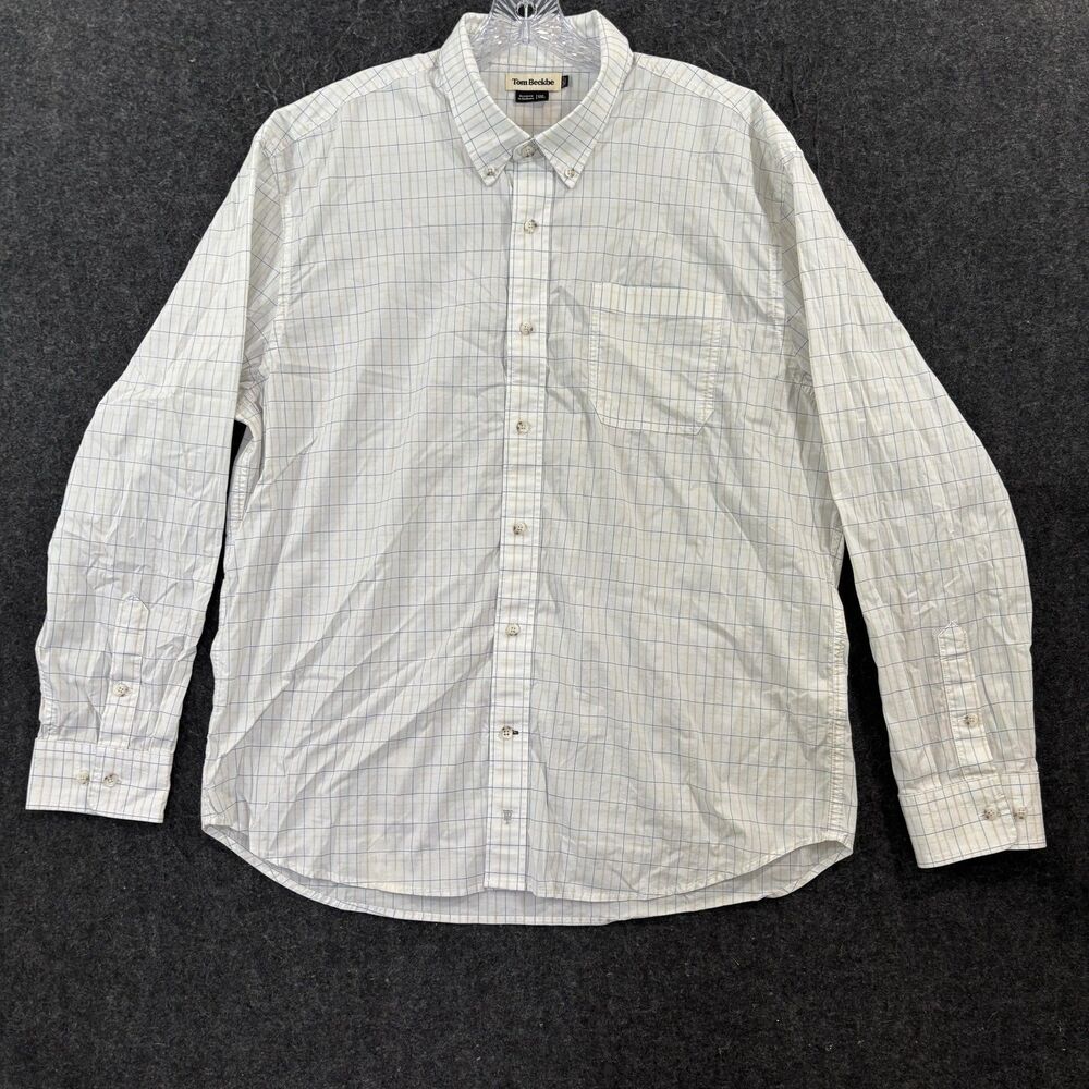 Tom Beckbe Shirt Men's XXL White Blue Check Cotton Nylon Stretch Chest Pocket
